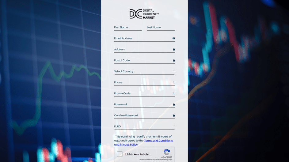 Das Registrierungsformular bei Digital Currency Market