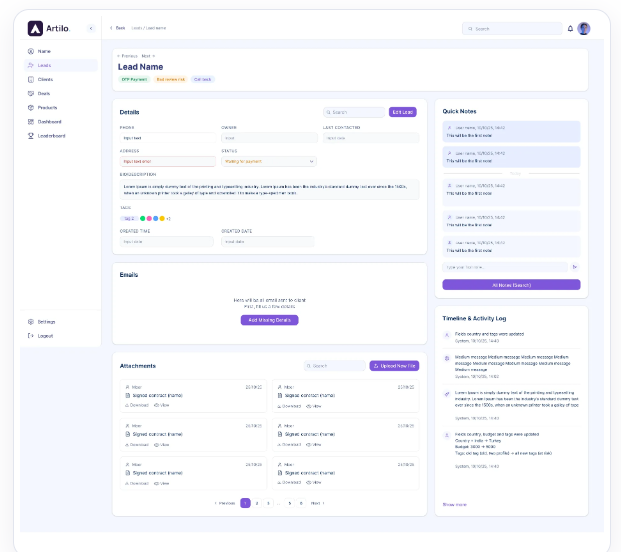 Artilo dashboard showing pipeline and sales performance on one screen
