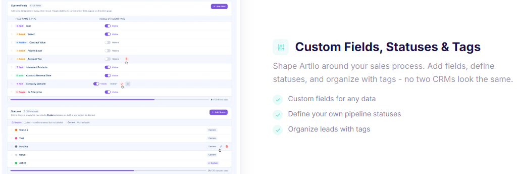 Custom fields, statuses and roles inside the Artilo CRM