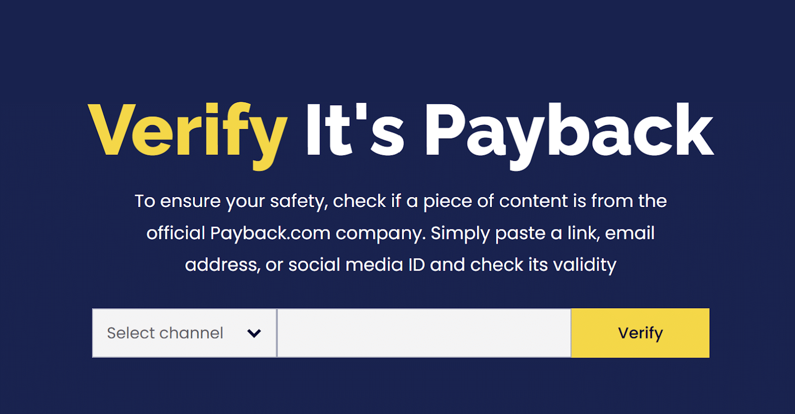 PayBack verification interface allowing users to paste an email, link, or social media ID and verify it