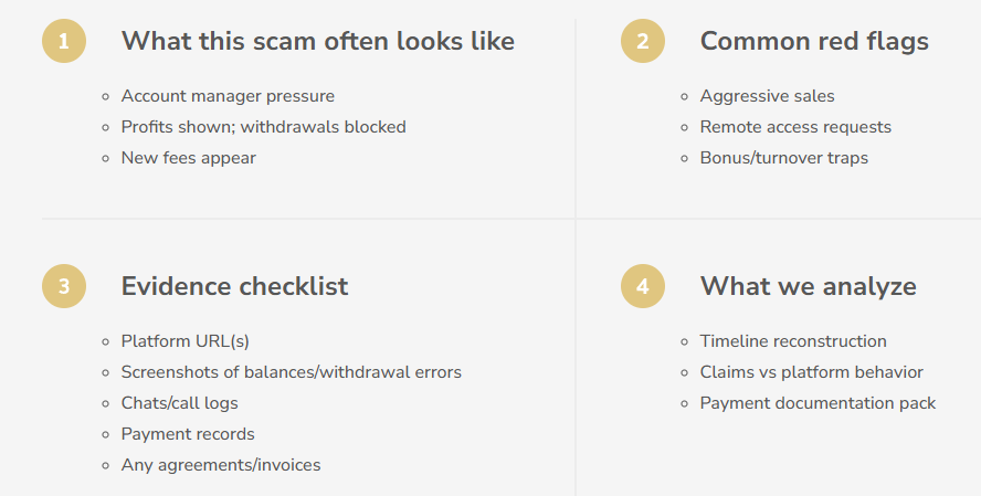 Influere Investigations scam types and evidence review services page - Tokenhell Influere Investigations scam types and evidence review services page