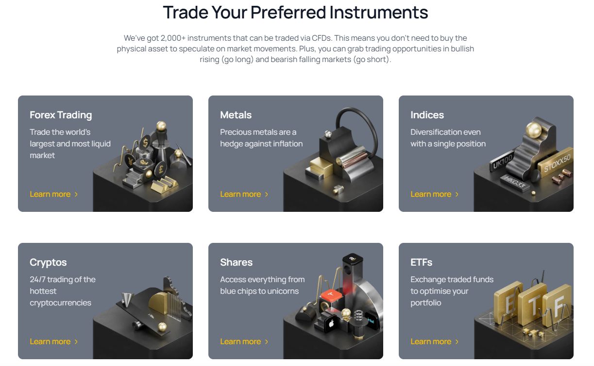 OneRoyal instrument range covering forex, shares, indices, ETFs, commodities and crypto