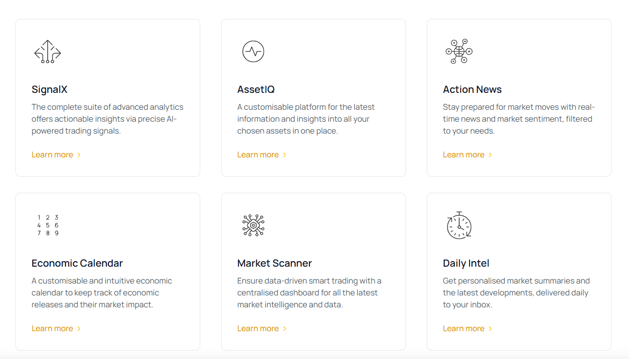 OneRoyal AI trading tools including SignalX, AssetIQ and Action News