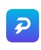 Blue gradient app icon with a white abstract feather/pen symbol.
