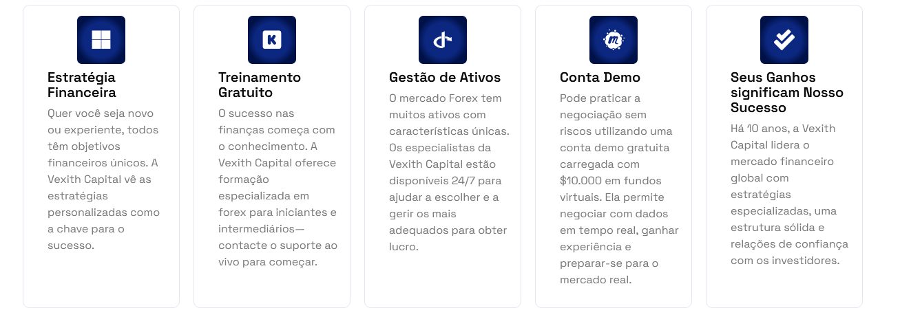 Captura de tela destacando as vantagens de negociar com a Vexith Capital, incluindo conta demo, gestão de ativos e treinamento gratuito
